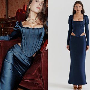 HOUSE OF CB 'Dana' Navy Puff Sleeve Corset NWOT